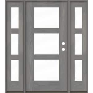 Modern 64 in. x 80 in. 3-Lite Left-Hand/Inswing Clear Glass Malibu Grey Stain Fiberglass Prehung Front Door