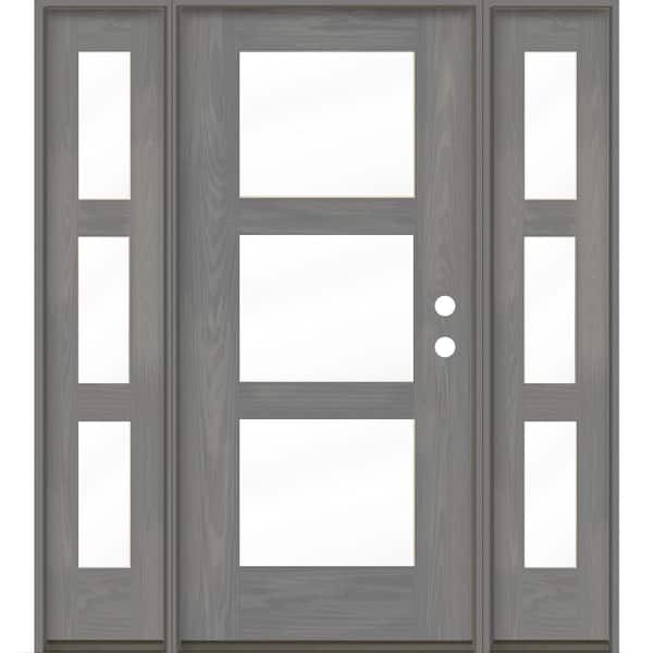 Krosswood Doors Modern 64 in. x 80 in. 3-Lite Left-Hand/Inswing Clear Glass Malibu Grey Stain Fiberglass Prehung Front Door