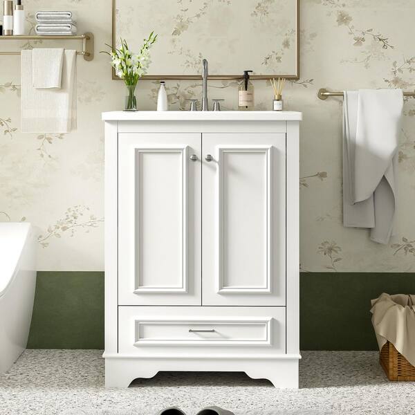 24 in. W Freestanding Bath Vanity in White with White Ceramic Top, One Flip Drawer and Doors, Solid Wood