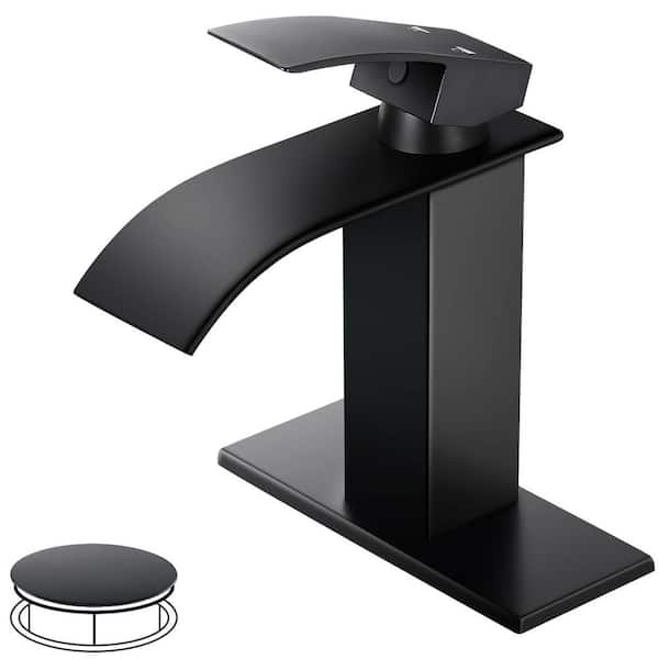 AKLFGN Waterfall Spout 1-Handle Low Arc 1-Hole Bathroom Faucet with Deckplate and Pop-up Drain in Matte Black