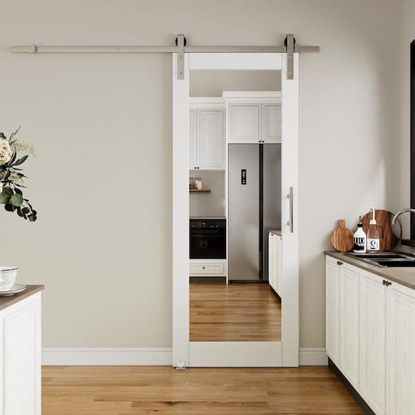 32 in. x 80 in. 1 Lite Mirrored Glass White Primed MDF Sliding Barn Door with Hardware Kit and Soft Close, Nickel Track