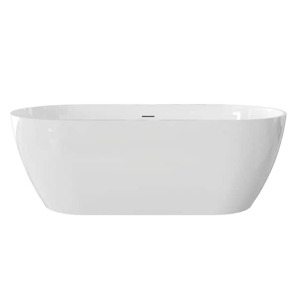 63 in. x 29.53 in. Freestanding Solid Surface Soaking Bathtub with Overflow and Pop-Up Drain in Glossy White