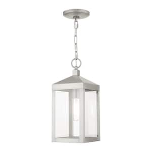 Creekview 14.5 in. 1-Light Brushed Nickel Dimmable Outdoor Pendant Light with Clear Glass and No Bulbs Included