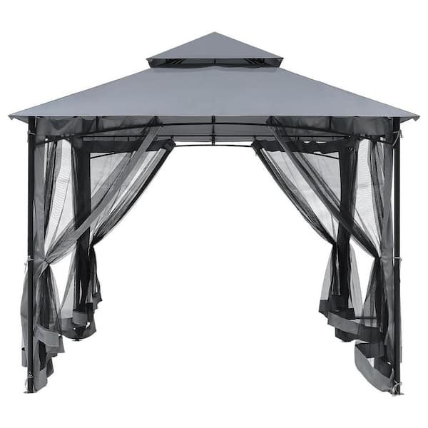 10 x 10 ft. Outdoor Patio Gazebo, Steel Frame Patio Gazebos with Double Roofs, Mosquito Netting, Gray