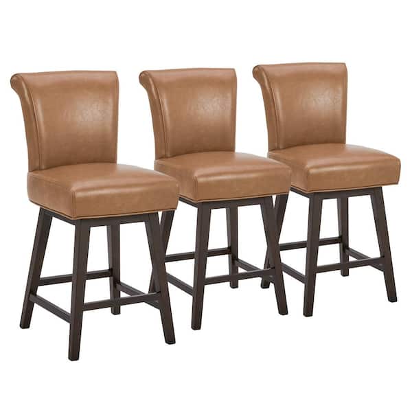 Spruce & Spring Dennis 26 in. Saddle Brown High Back Solid Wood Frame Swivel Counter Height Bar Stool with Faux Leather Seat(Set of 3)