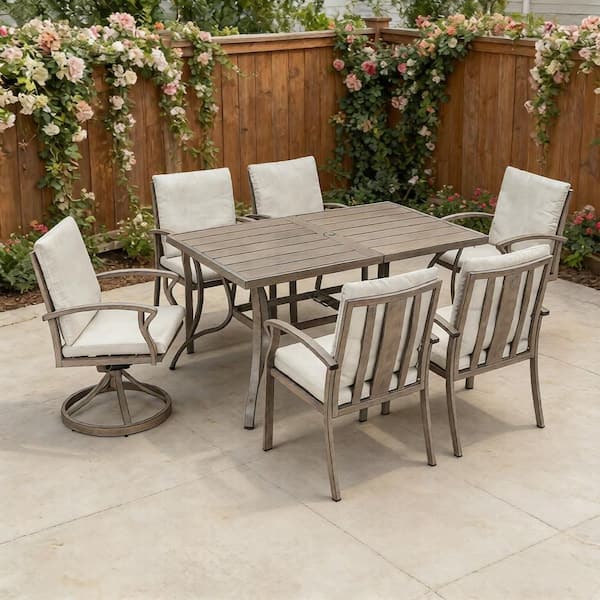 Limed Oak 7-Piece Aluminum Outdoor Dining Set with 6 Swivel Dining Chairs and Beige Cushions