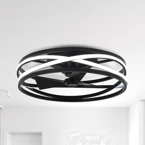 12.6 in. Indoor Integrated LED Flush Mount Black Caged Bladeless Ceiling Fan with Reversible Motor and Remote Control