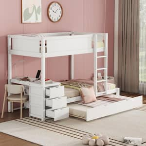 Twin-over-Twin Bunk Bed with Twin size Trundle, Storage and Desk, White