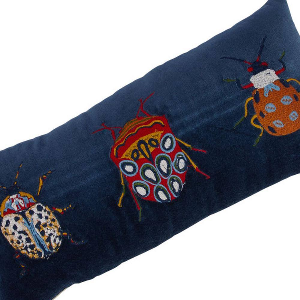 Multicolor Cotton Velvet Embroidered Beetle Lumbar Pillow