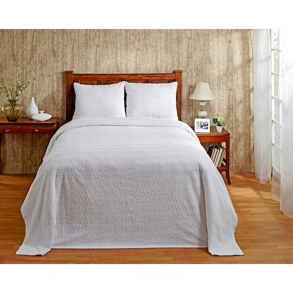 Better Trends Natick Collection in Wavy Channel Stripes Design White Queen 100% Cotton Tufted Chenille Bedspread