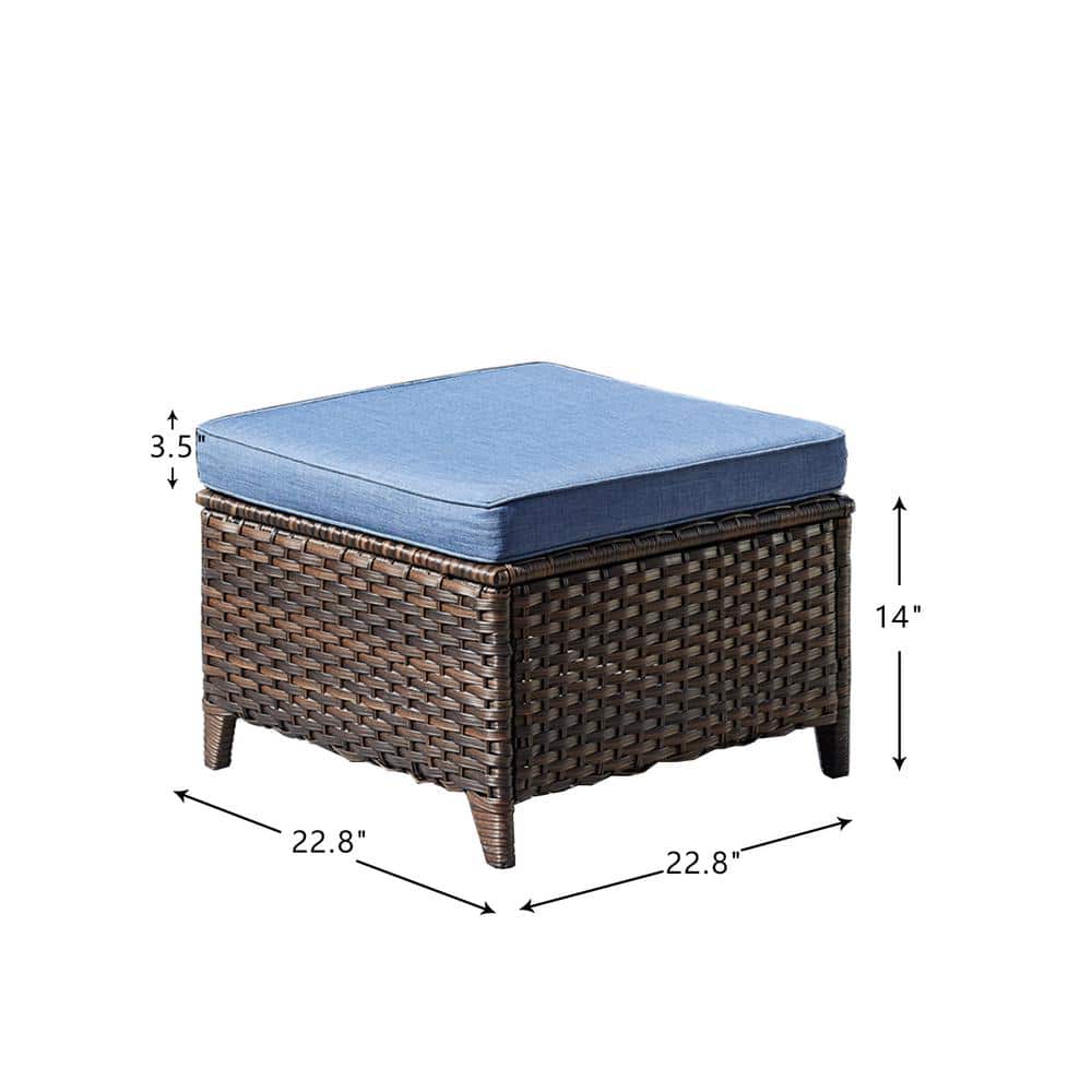 Carolina Brown Steel Wicker Outdoor Ottoman with Blue Cushions