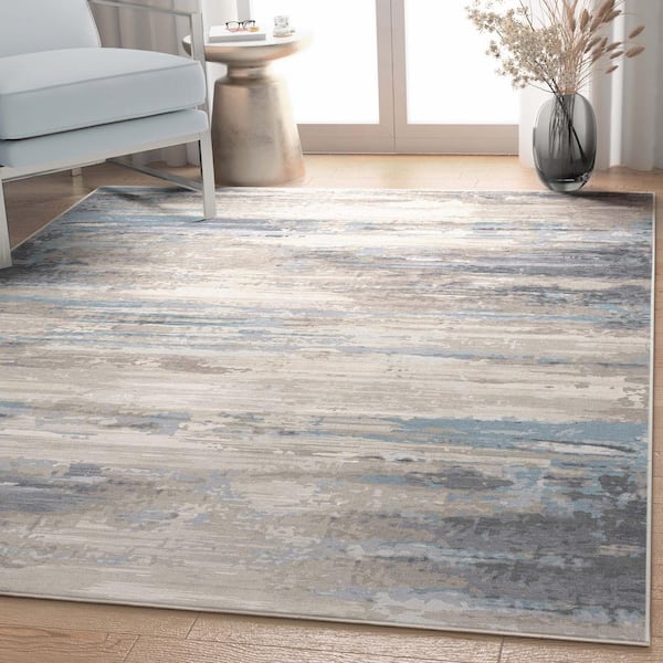 Beige Blue 7 ft. 7 in. x 9 ft. 10 in. Abstract Tuscany Mid-Century Modern Brushstroke Flat-Weave Area Rug