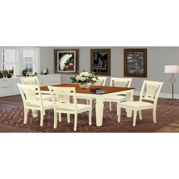 East West Furniture 7-Piece Buttermilk and Cherry Finish Solid Wood Top Dining Table with 6 Chairs with Lattice Back
