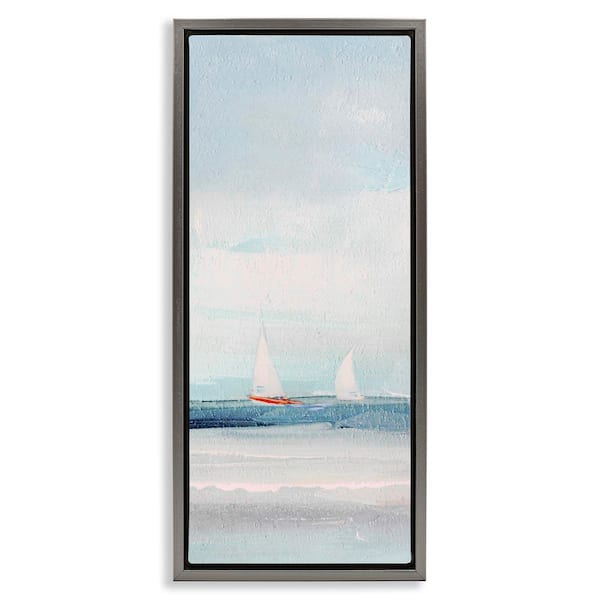 Sailboat Pair Floating by Sally Swatland Gray Floater Frame Coastal Graphic Art Print 31 in. x 15 in.