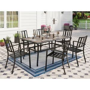 Black 7-Piece Metal Outdoor Patio Dining Set with Wood-Look Umbrella Table and Modern Stackable Chairs
