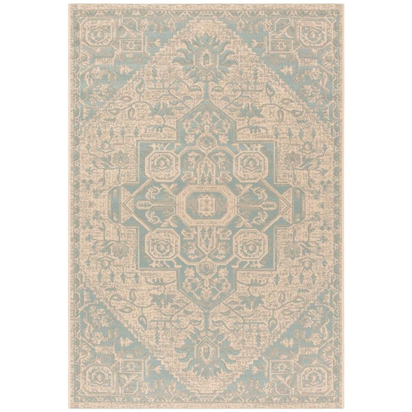 SAFAVIEH Beach House Aqua/Cream Doormat 2 ft. x 4 ft. Kilim Floral Indoor/Outdoor Area Rug