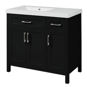 36 in. W Freestanding Bath Vanity in Black with White Resin Top 2 Drawers and 3 Doors