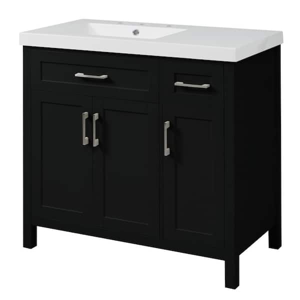 36 in. W Freestanding Bath Vanity in Black with White Resin Top 2-Drawers and 3-Doors