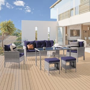 6-Piece Patio Sofa Set PE Wicker with Tempered Table and Ottoman, Navy Blue Cushion