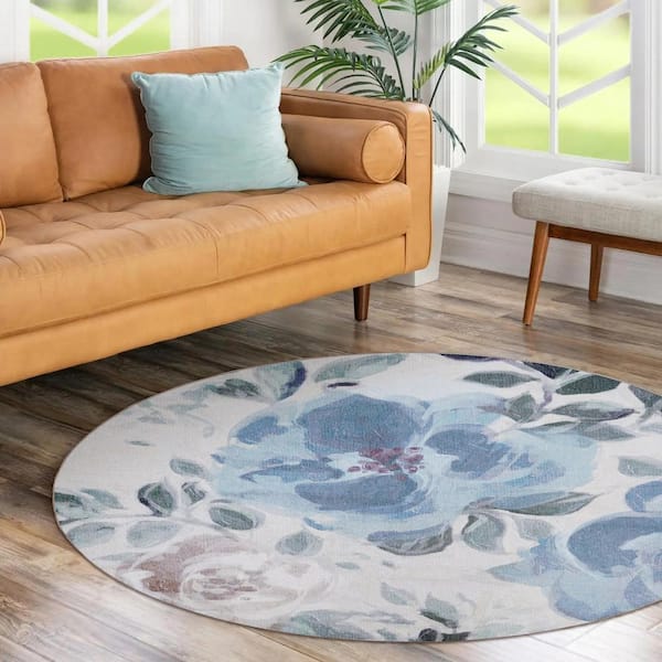 Sasha Cream Blue 6 ft. Round Floral Washable Area Rug