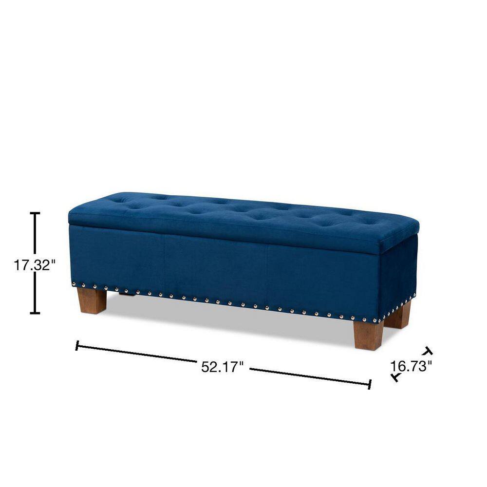 Elegant Navy Blue Velvet Tufted Storage Ottoman Bench with Silver Accents
