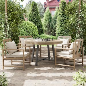 Lyon Brown 5-Piece Metal/Teak Round 3-In-1-Outdoor Dining Set with Beige Cushions/Arm Chairs and Chess Set