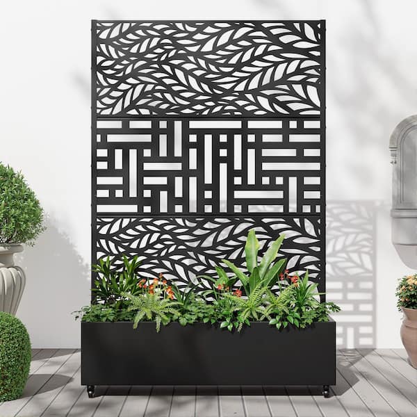 73 in. Black 3-Panel Metal Iron Planter Box with Attached Trellis for Climbing Vegetation Room Divider