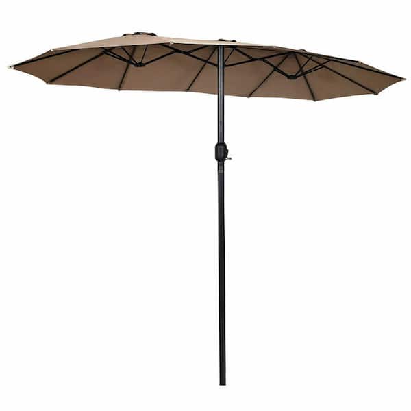 Costway 15 ft. Steel Market Patio Umbrella in Tan with Double-Sided Twin, Crank