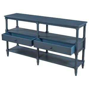 57 in. Navy Blue Rectangle Wood Console Table Sofa Table with 3-Tier Open Storage Shelf