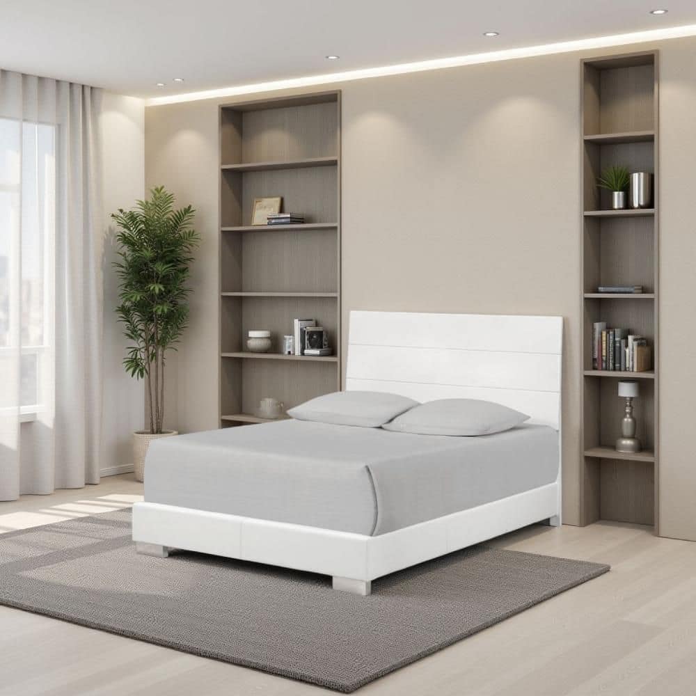 White Wood Frame Queen Size Panel Bed with Headboard