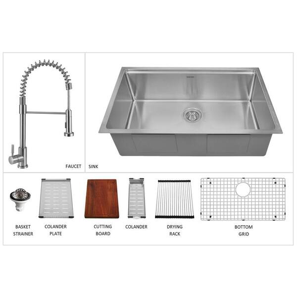 Karran AllinOne Undermount Stainless Steel 32 in. Single Bowl Kitchen Workstation Sink with