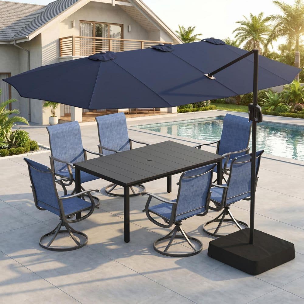 Black 8-Piece Metal Rectangle Table Patio Outdoor Dining Set with 6 Blue Textilene Swivel Chairs and Blue Umbrella price history on PriceWatchPro