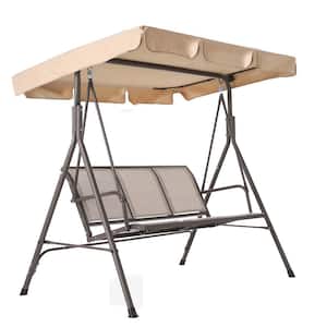 3-Seat Beige Metal Outdoor Canopy Patio Swing With Steel Frame And Textilene Seats