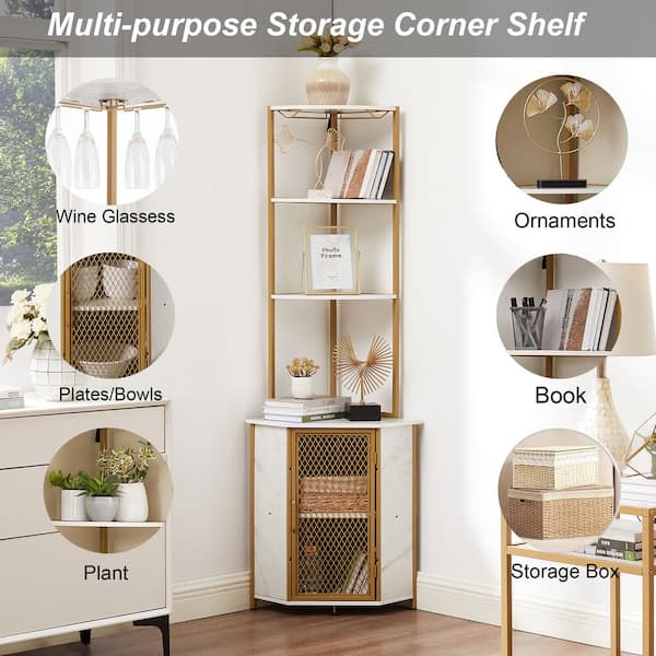 6-Tier Corner Shelf White 62.3 in. Accent Cabinet Office Storage Cabinet with Wine Glass Holder for Living Room