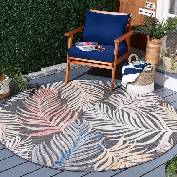 Cabana Black/Rust 8 ft. x 8 ft. High-Low Oversized Leaf Round Indoor/Outdoor Area Rug