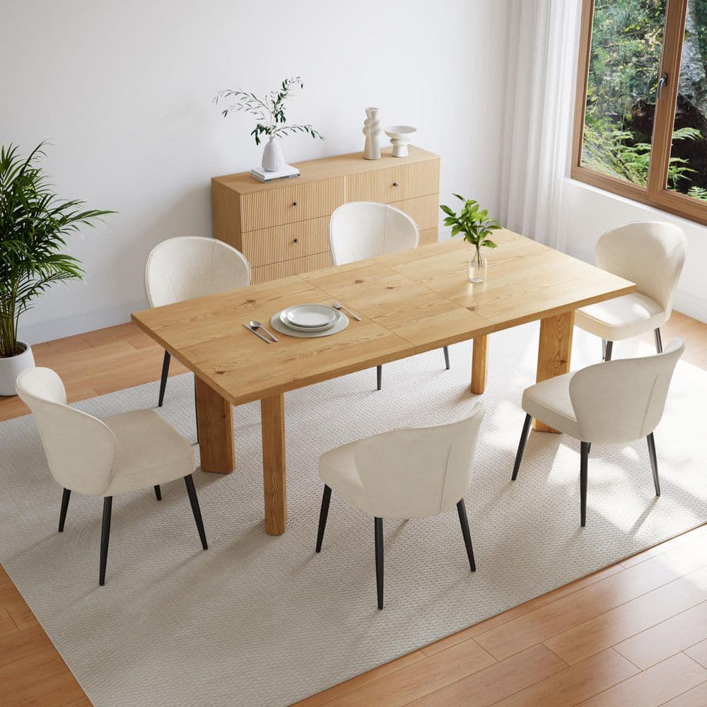 Modern 7-Piece Extendable Rectangle Oak MDF Top Dining Room Set Seating 6 People 78.7 in. with 6 White Chairs price history on PriceWatchPro