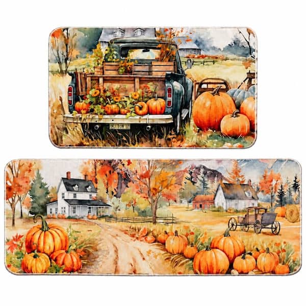 Fall Pumpkin Truck Burlap Rubber Kitchen Mats Set of 2 for Kitchen Floor, 17 in x 27 in and 17 in x 47 in