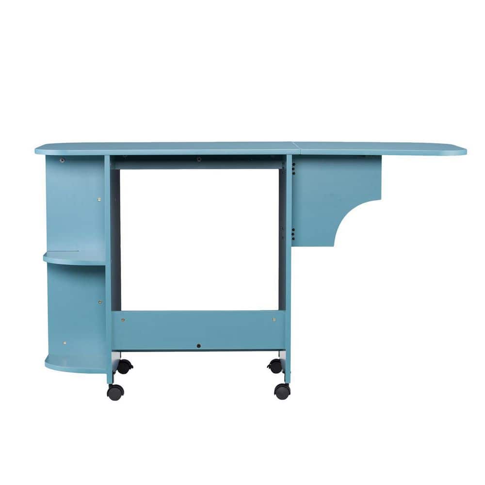 Turquoise Mobile Folding Sewing and Craft Table with Shelves
