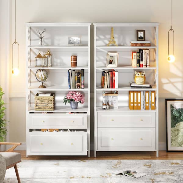 BYBLIGHT Atencio 2-Drawer White Engineered Wood 31.5 in. Vertical File Cabinet Open Filing Cabinet Office Document Rack, 4-Shelf