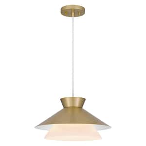 1-Light Gold Shaded Pendant Light with Faux Alabaster Glass Shade