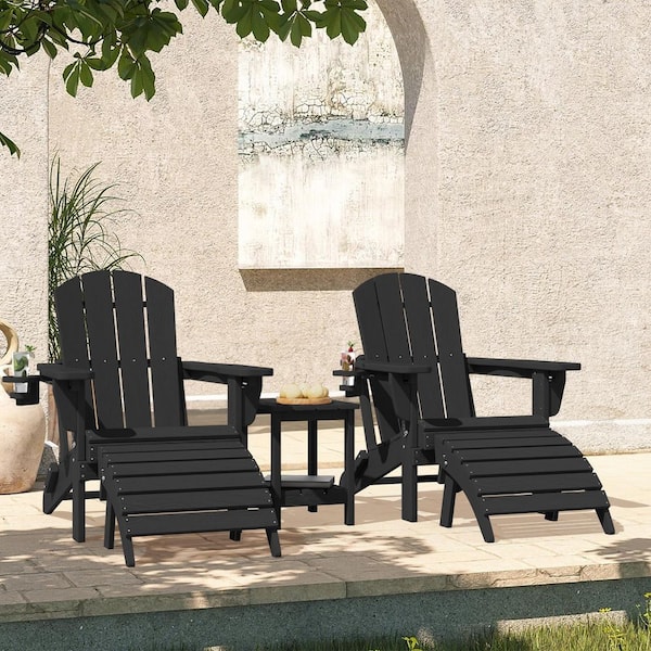 JEAREY Outdoor HIPS Plastic Patio chat set Black Adirondack Chairs with Side Table and Folding Ottoman Set of 5-Piece