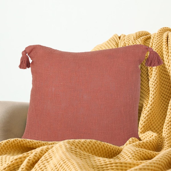 Unbranded Unique Deep Coral 20 in. x 20 in. Neutral Solid Cotton Indoor Throw Pillow with Tassels