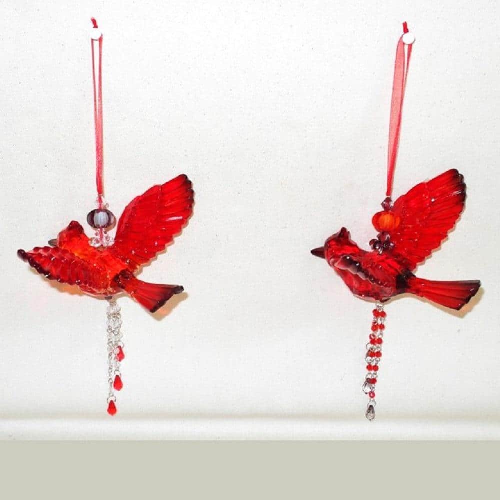 Red Acrylic Cardinal Ornaments with Beaded Tassels, Set of 6