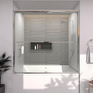 60 in. W. x 56 in. H Sliding Semi Frameless Tub Door in Chrome Finish with Clear Glass