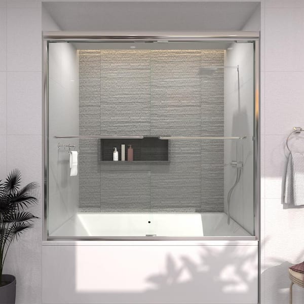 TaiMei 60 in. W. x 56 in. H Sliding Semi Frameless Tub Door in Chrome Finish with Clear Glass