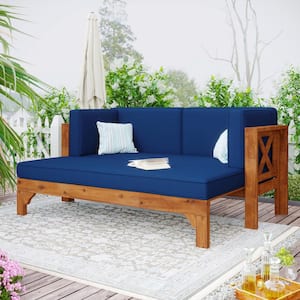Brown Solid Wood Outdoor Patio Extendable Loveseat Sofa with Blue Cushions