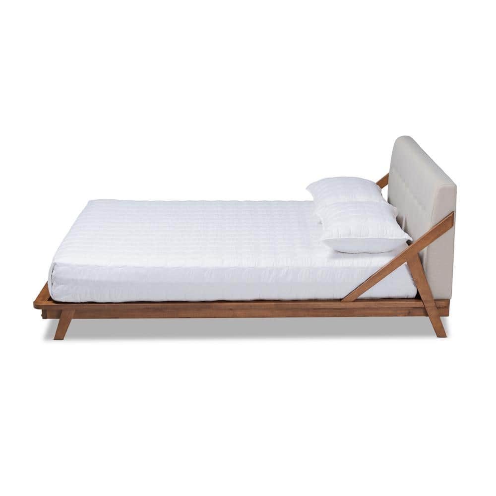 Mid-Century Modern Beige Upholstered Walnut Full Platform Bed