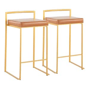 Fuji 31 in. Camel Faux Leather and Gold Metal Counter Height Bar Stool (Set of 2)