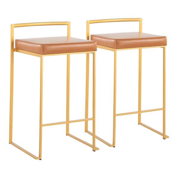 Lumisource Fuji 31 in. Camel Faux Leather and Gold Metal Counter Height Bar Stool (Set of 2)
