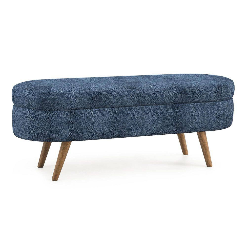 Blue 43.5 in. Oval Bedroom Bench Linen Fabric Upholstered Storage Ottoman Bench with Solid Wood Legs Entryway Bench